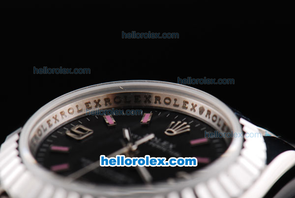 Rolex Air King Oyster Perpetual Swiss ETA 2836 Automatic Movement Silver Case with Black Dial and Pink Stick Markers-Lady Size - Click Image to Close